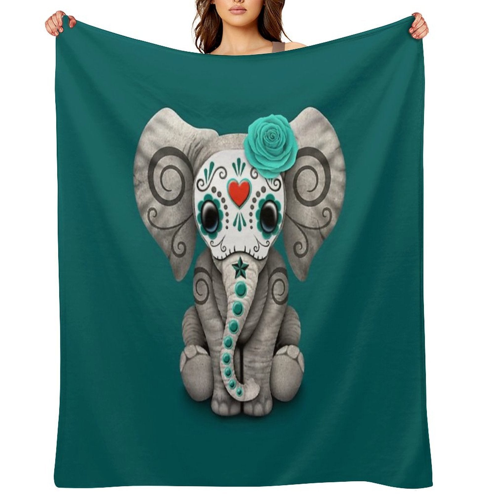 Teal Blue Day of The Dead Sugar Skull Baby Elephant Multi-functional Throw Blanket
