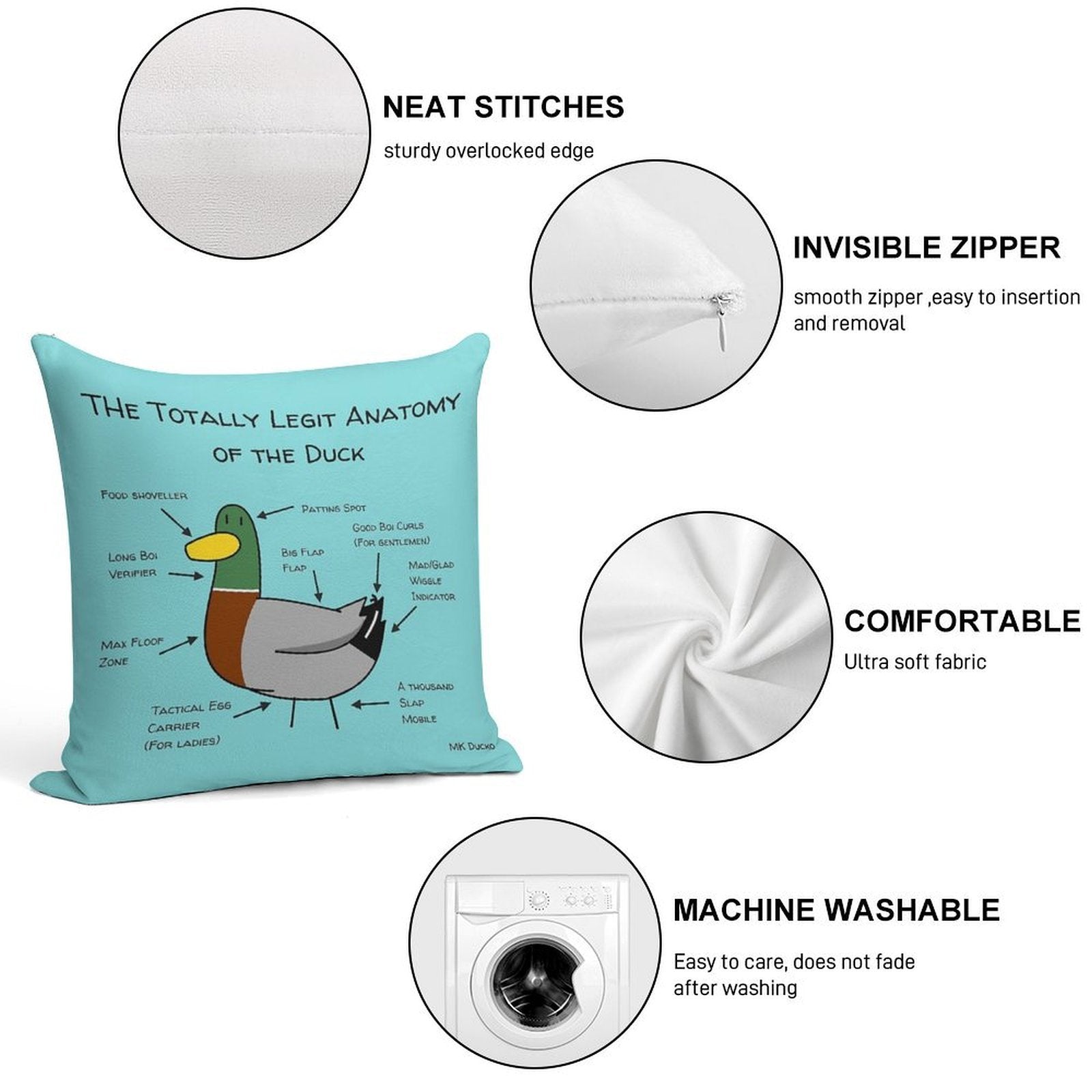 Ducko Originals #OG08 Totally Legit Anatomy of The Duck Soft Home Decor Throw Pillow