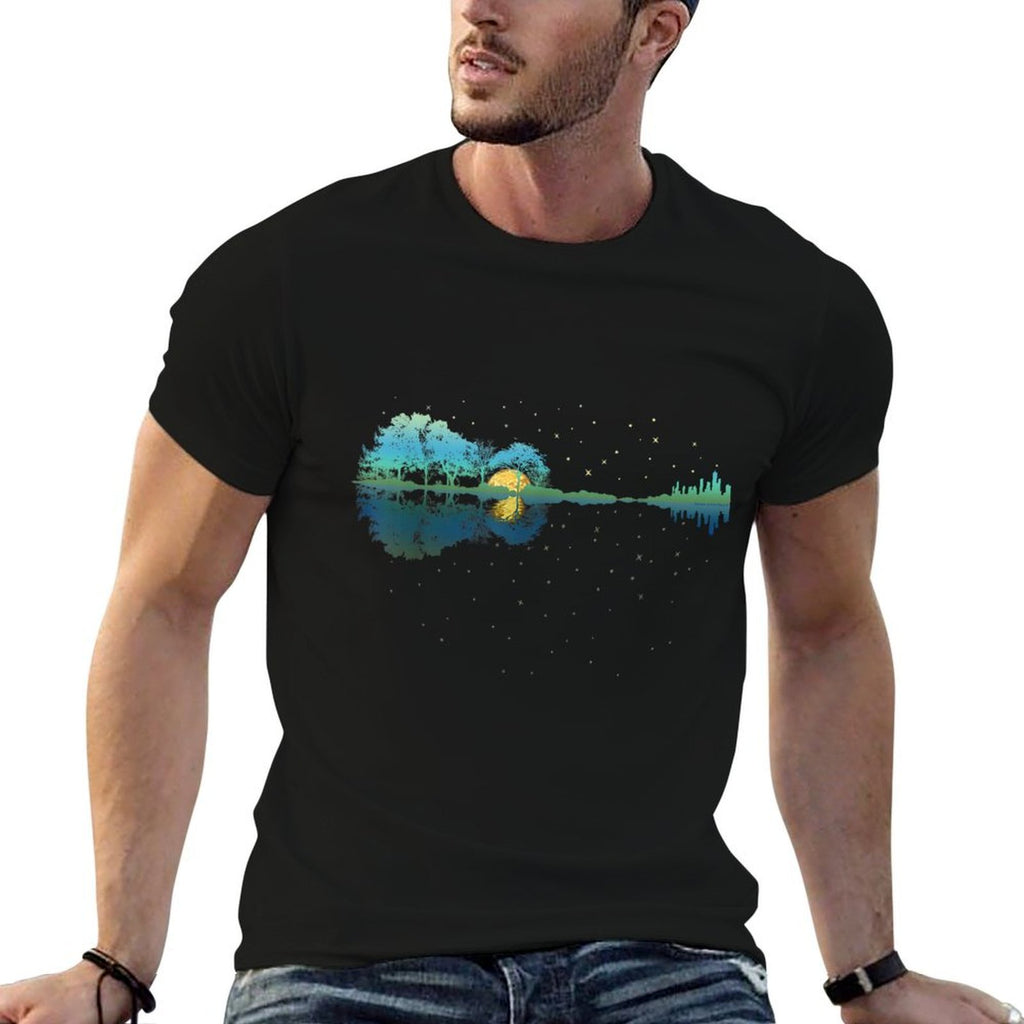Guitar Lake Reflections Night Sky And Moon Guitar  Slim-fit Cut T-Shirt