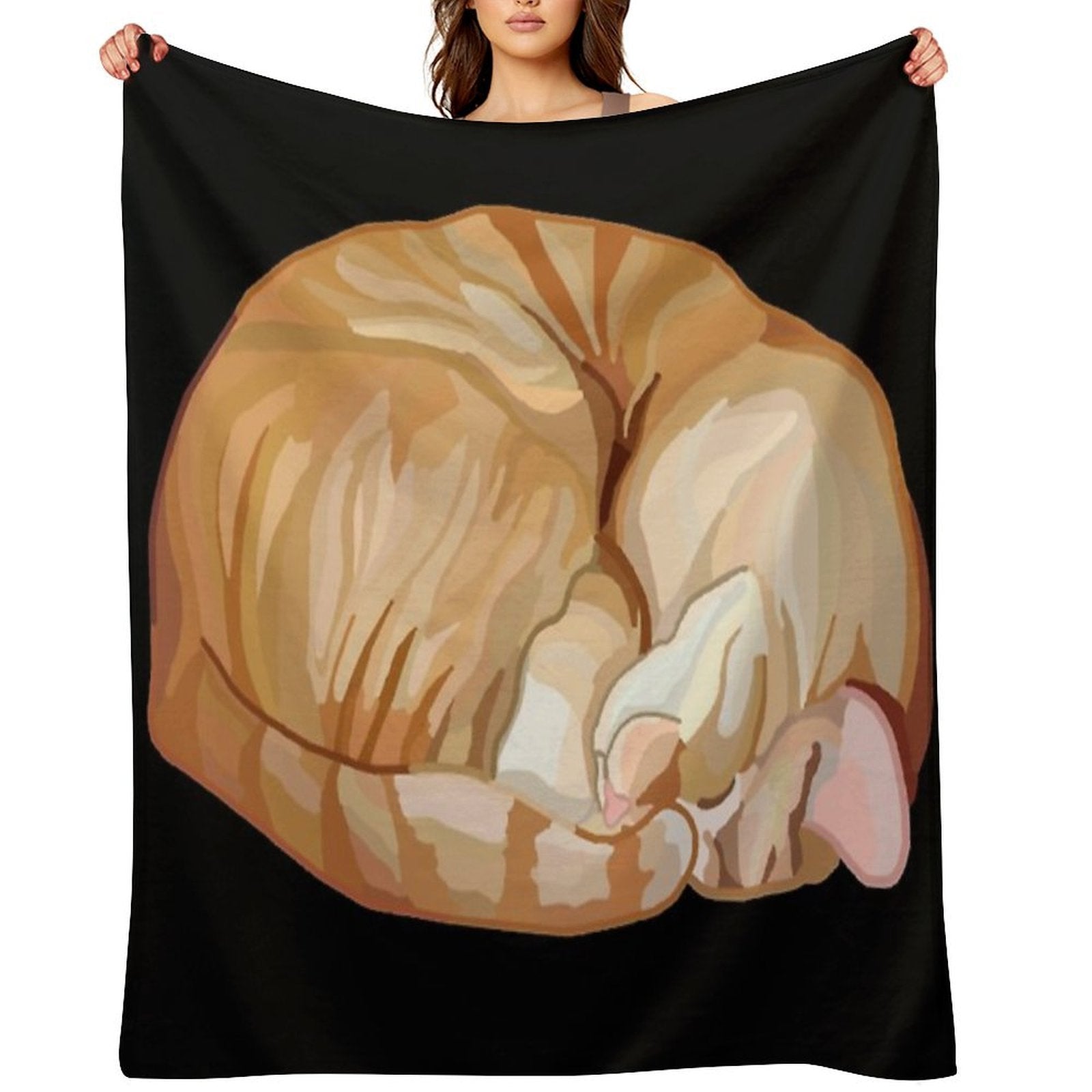 Sleeping Curled Orange Ginger Tabby Cat Easy Care Throw Blanket
