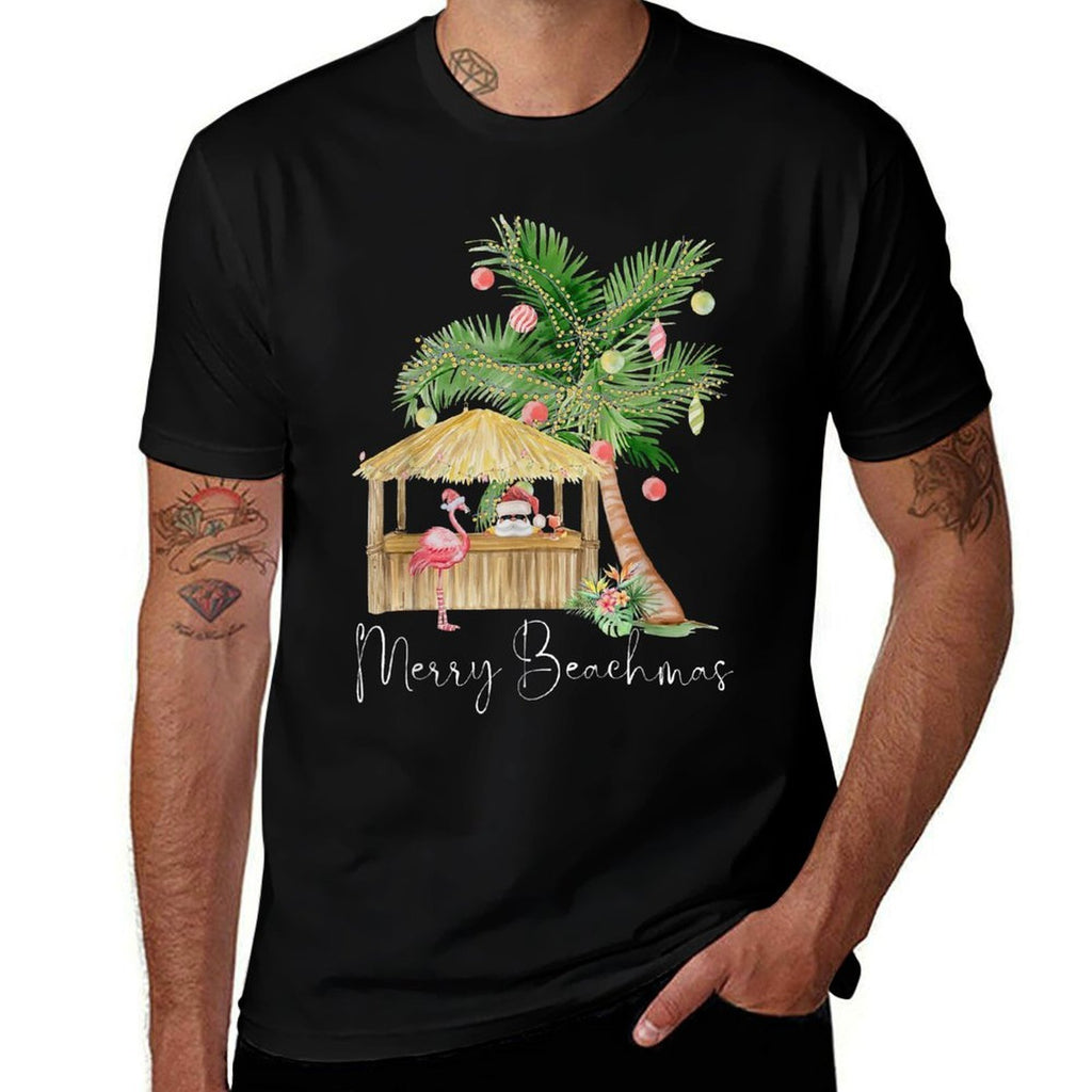 Merry Beachmas Hawaiian Pink Flamingo Palm Tree Christmas Men Women Kids  Summer-ready Fabric T-Shirt