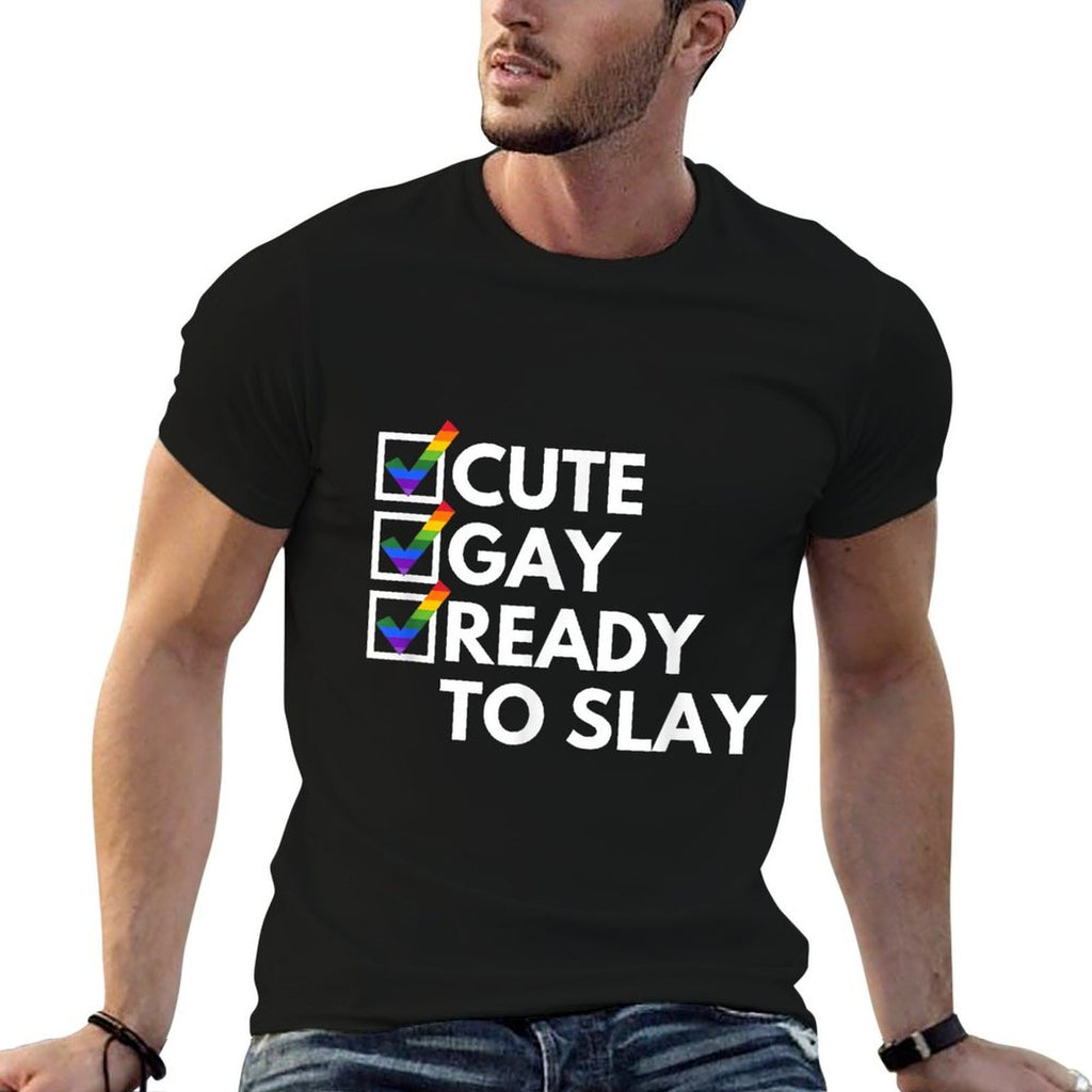 Cute Gay Ready To Slay Y2K Novelty Witty Gay Pride LGBTQ+  Rolled Sleeves T-Shirt