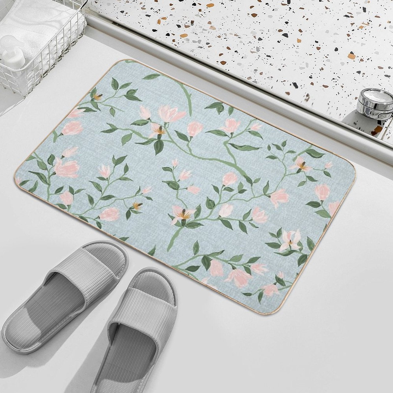 Magnolias Watercolor Asian Inspired Pastel Pink Mint  High-Traffic Bath Mat