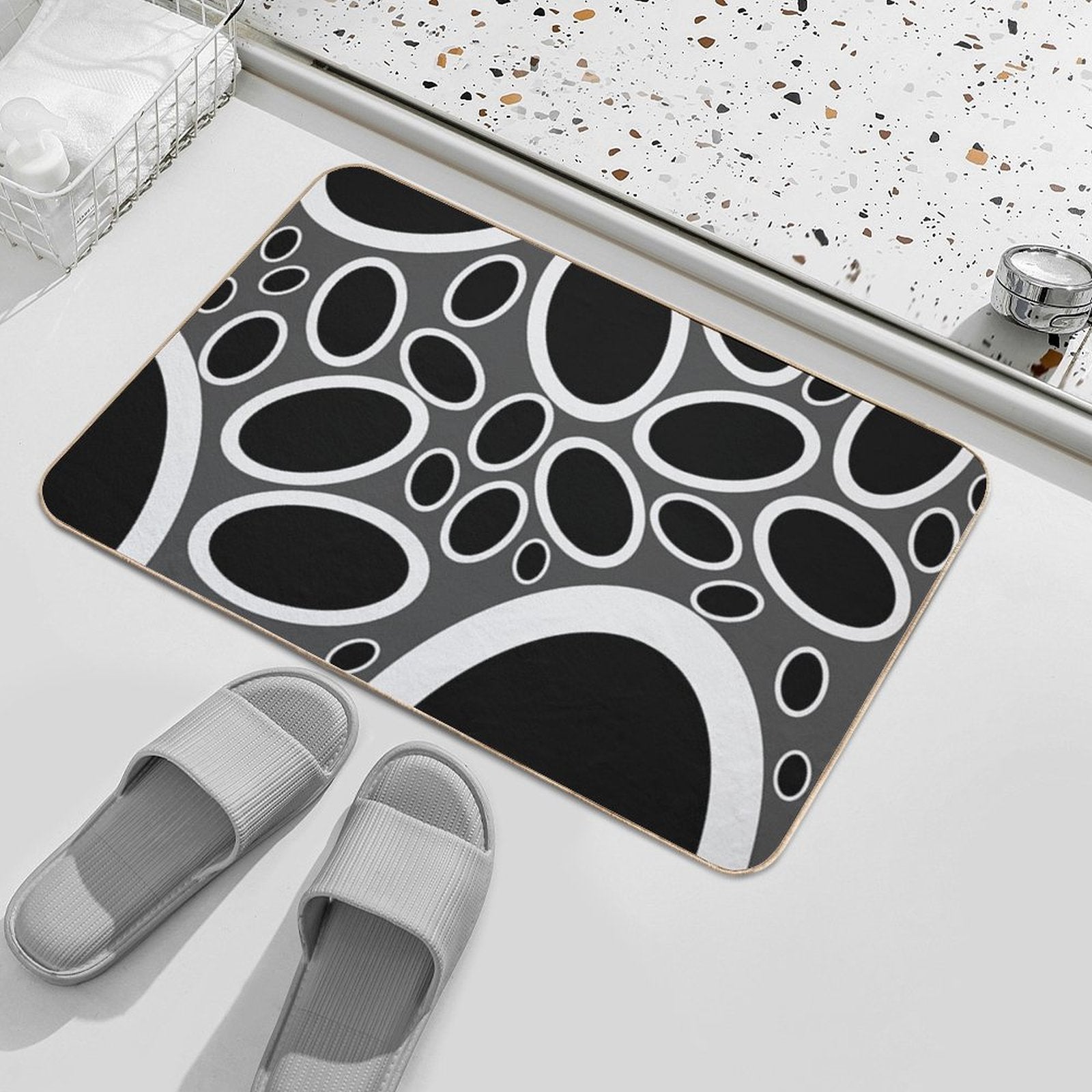 Black White And Grey Oval Pattern  Easy Maintenance Bath Mat