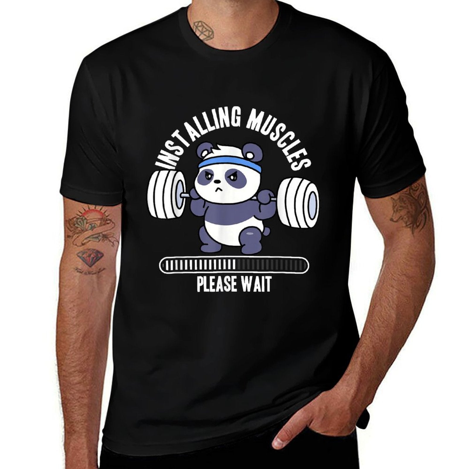 Muscle Building Fitness Panda Weight Lifting Barbell Workout  Durable T-Shirt
