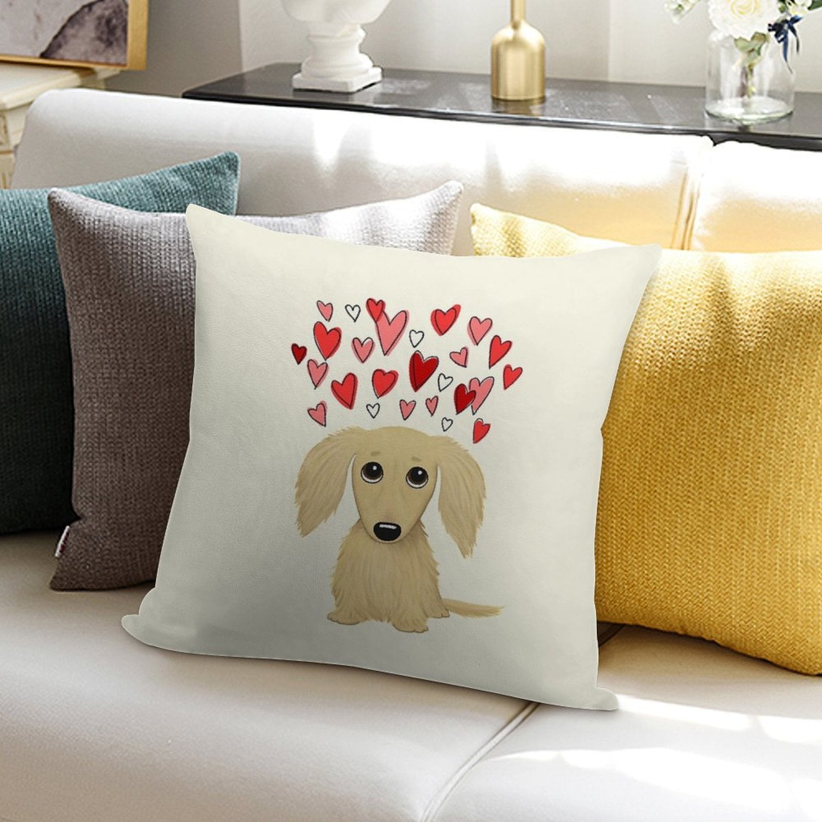 Longhaired Cream Dachshund with Hearts Soft Durable Construction Throw Pillow