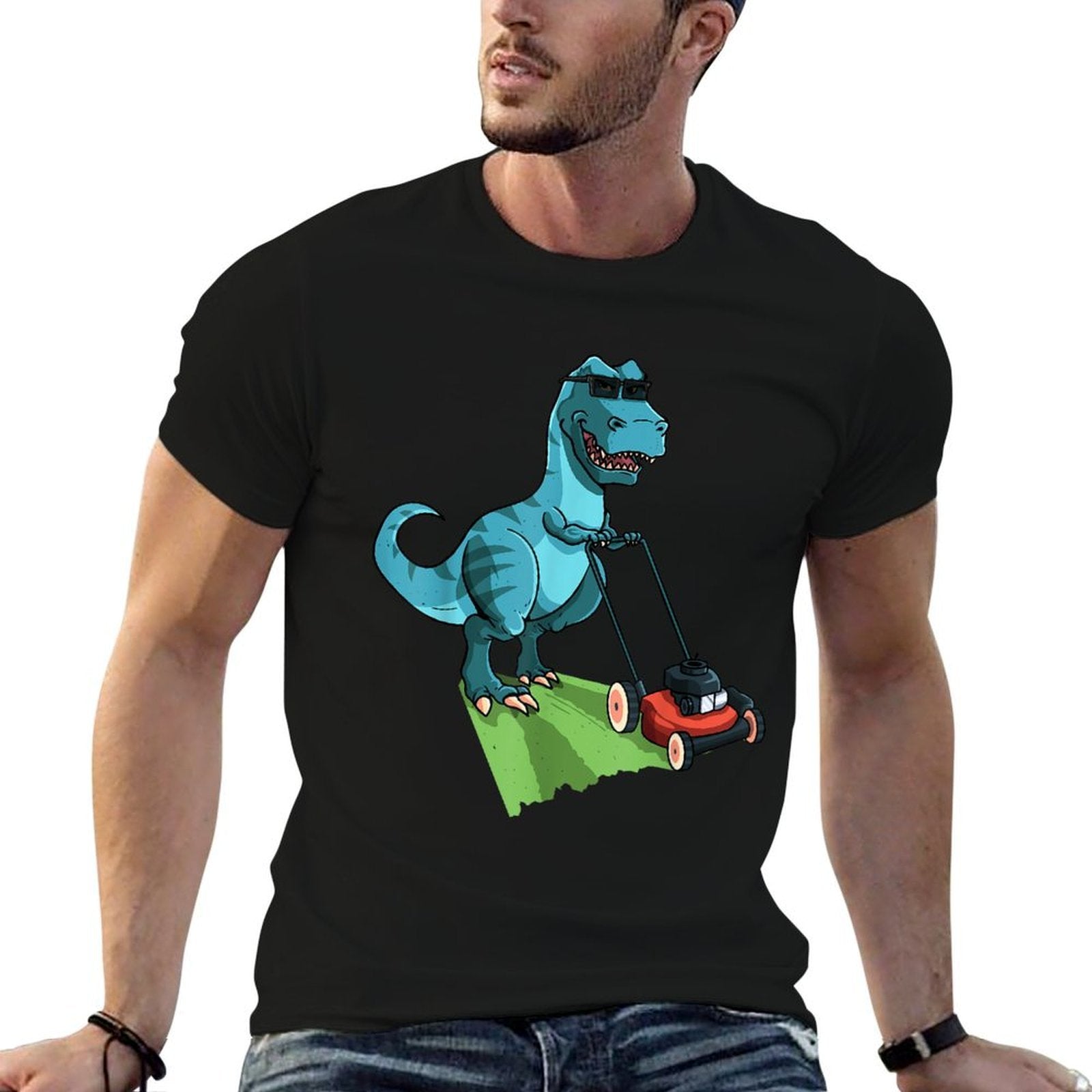 Cute Mowing Dino Dinosaur Lover Animal Gardener Funny Lawn Mower T-Rex Tractor Mowing Gift For Kids Toddler Unisex-Adults, Kids,  Summer-ready Fabric T-Shirt