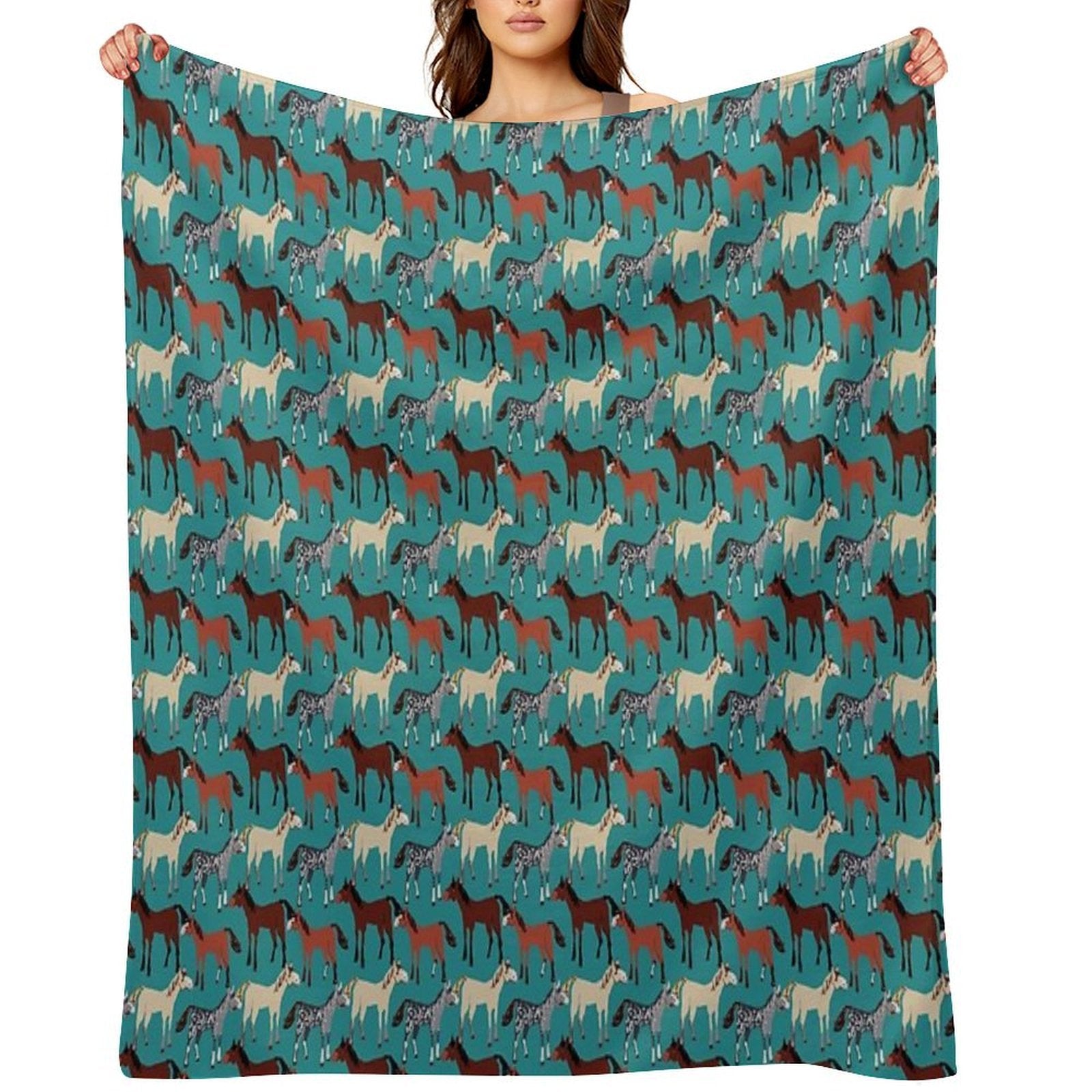 Horse Pattern in Aquamarine Blue Multi-functional Throw Blanket