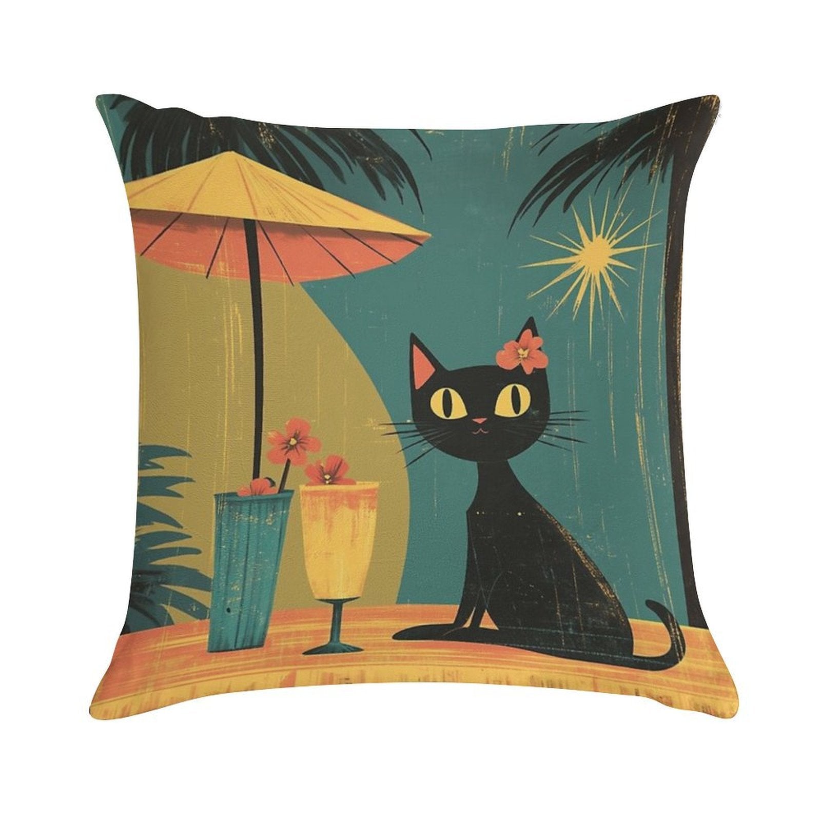 Mid Century Atomic Tiki Black Cat – Retro Lounge Aesthetic Soft Luxury Feel Throw Pillow