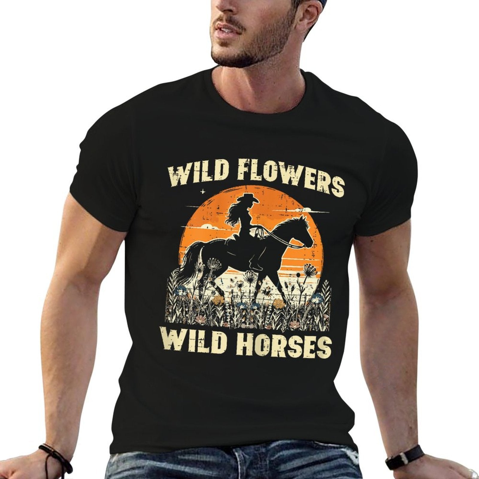 Wild Flowers Horses Cowgirl Retro Rodeo Girls Kids Women  Soft T-Shirt