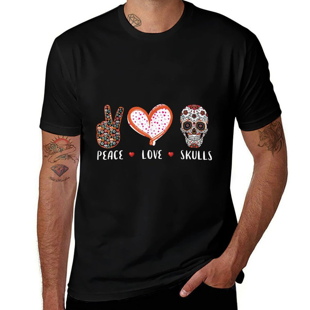 Peace Love Skulls Men Women Kids Boys Girls Sugar Skull  Rolled Sleeves T-Shirt