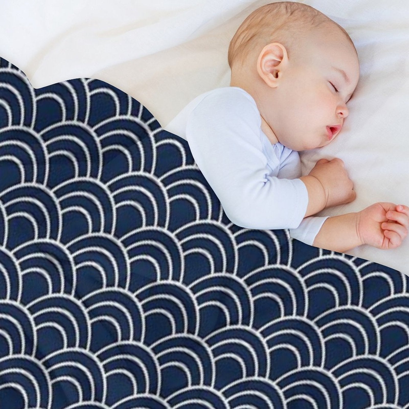 Traditional Japanese Pattern, Seigaiha Waves, Minimalist Style, Japanese Art, Geometric Patterns, Navy Blue Velvety-soft Throw Blanket