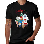 Rudolph Characters with Christmas Tree Retro Holiday  Ribbed Collar T-Shirt