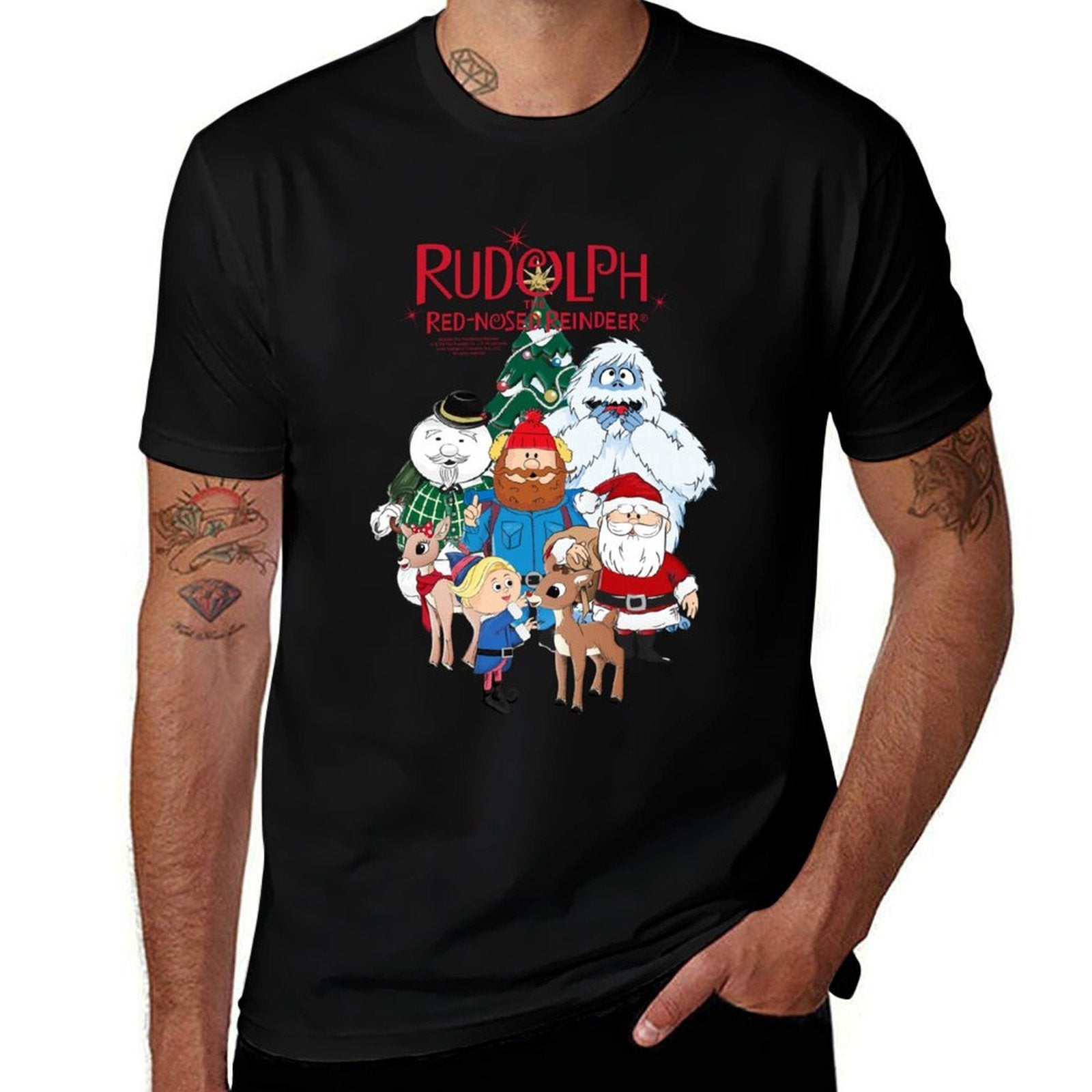 Rudolph Characters with Christmas Tree Retro Holiday  Ribbed Collar T-Shirt