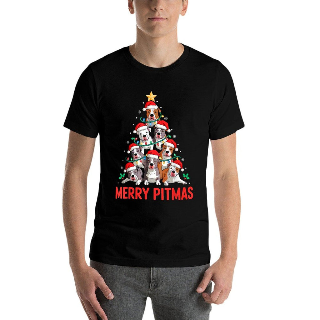 Pitbull Dog Tree Xmas Light Santa Hat Christmas Merry Pitmas  Summer-ready Fabric T-Shirt