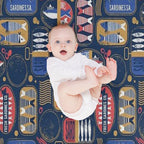 Vintage Canned Sardines  Navy Blue Background Electric Blue And Mandy Red Cans Premium Throw Blanket