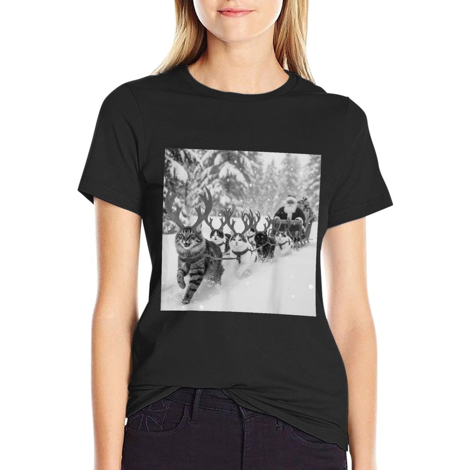 Funny Christmas Santa Sleigh Cats Reindeer Selfie Xmas Meme  High-quality Stitching T-Shirt