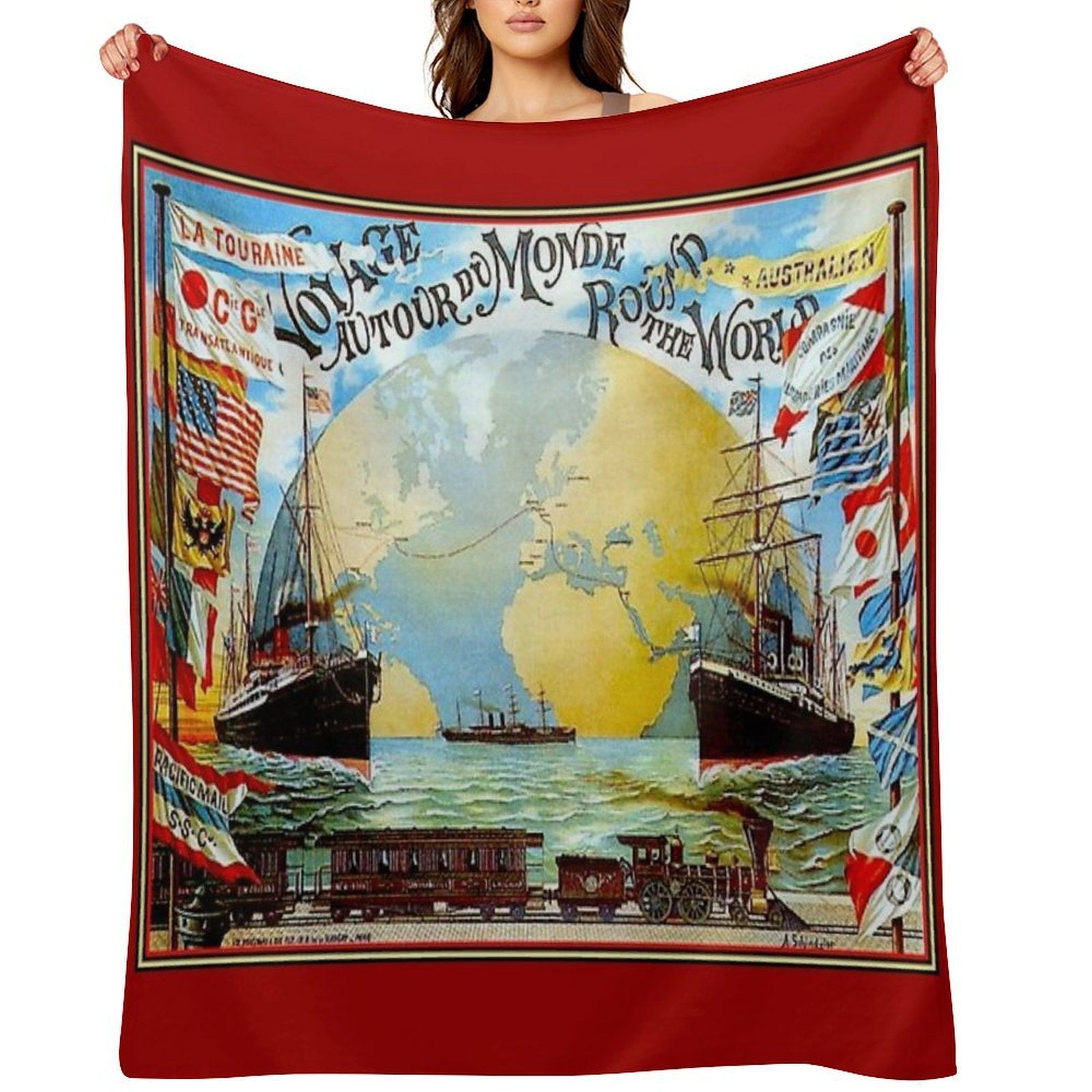 Around The World in 80 Days; Vintage Jules Verne Print Travel-friendly Throw Blanket