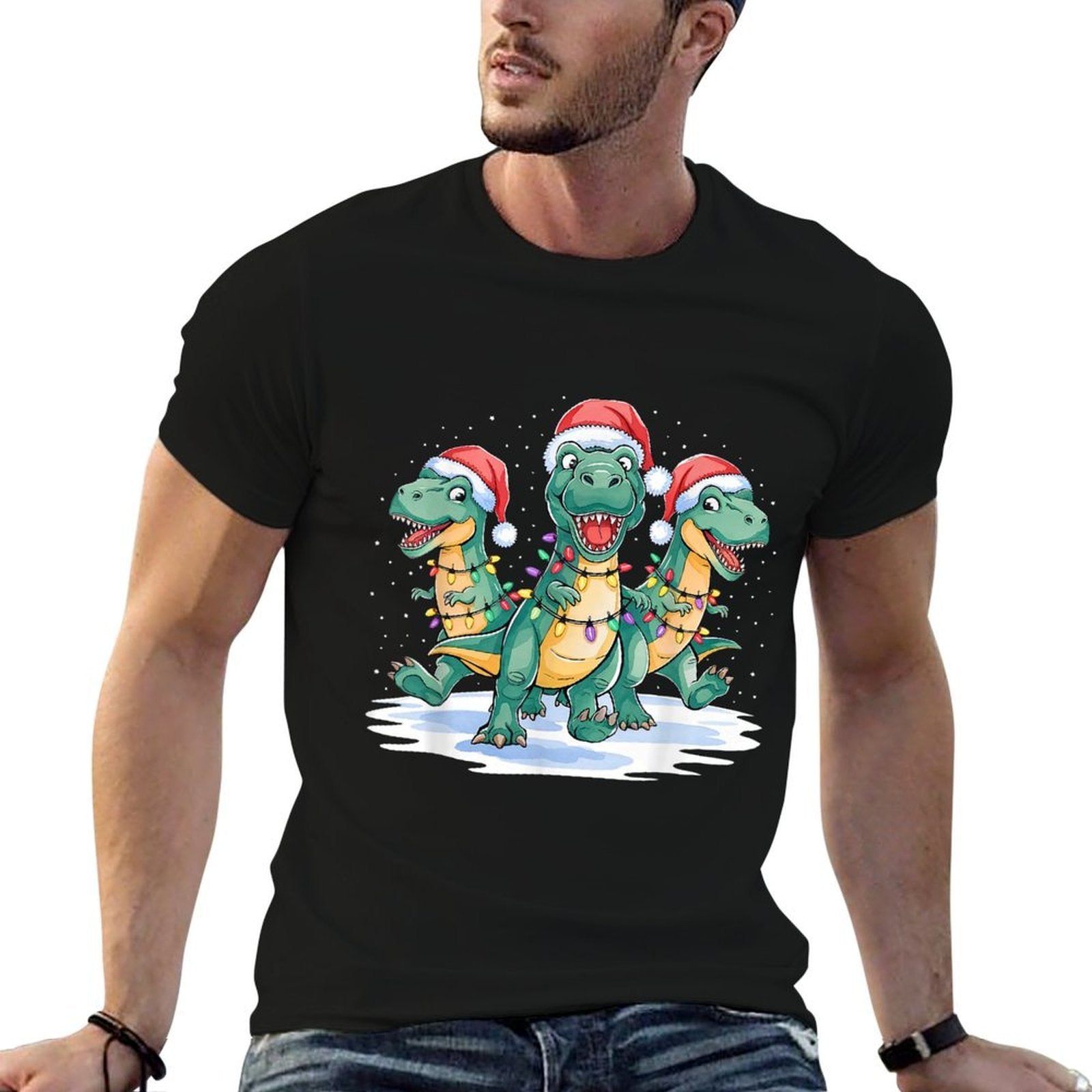 Funny Christmas Santa Reindeer Cute Dinosaur Santa Christmas  Lightweight T-Shirt