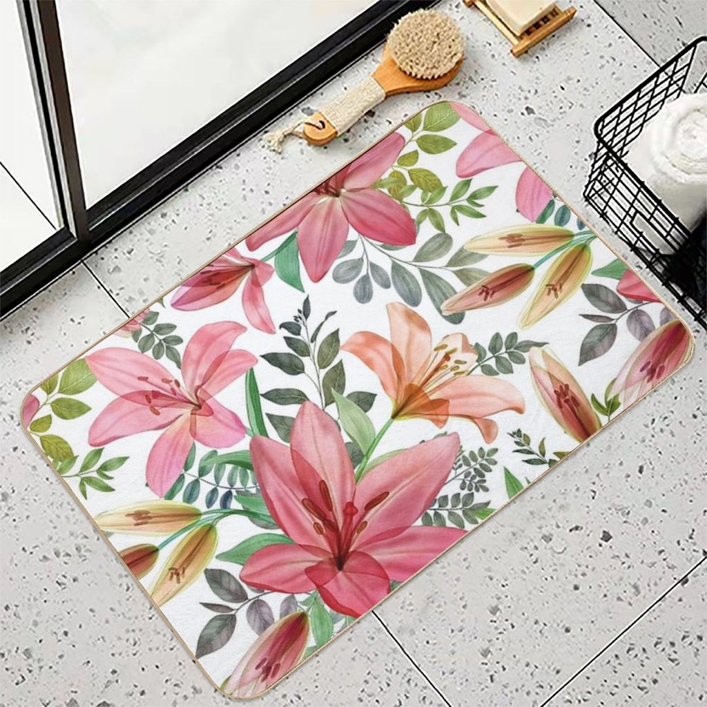 Transparent Lilly Flowers And Leaves Watercolor Seamless Pattern. Translucent Summer Tropical Bouquets. Spring Blossom Garden  Dirt-Trapping Bath Mat