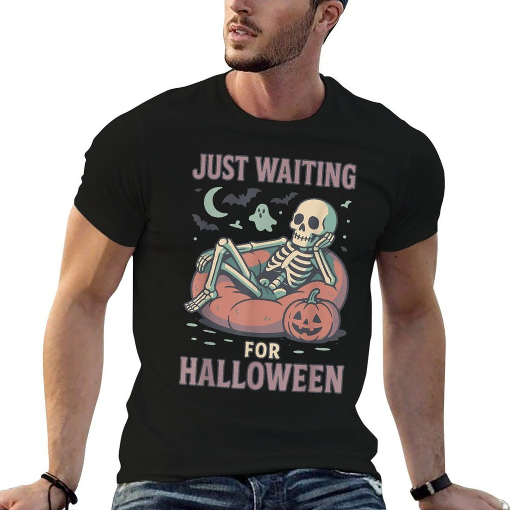 Funny Spooky Skeleton Summerween Waiting for Halloween  Cotton T-Shirt