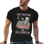 Funny Spooky Skeleton Summerween Waiting for Halloween  Cotton T-Shirt