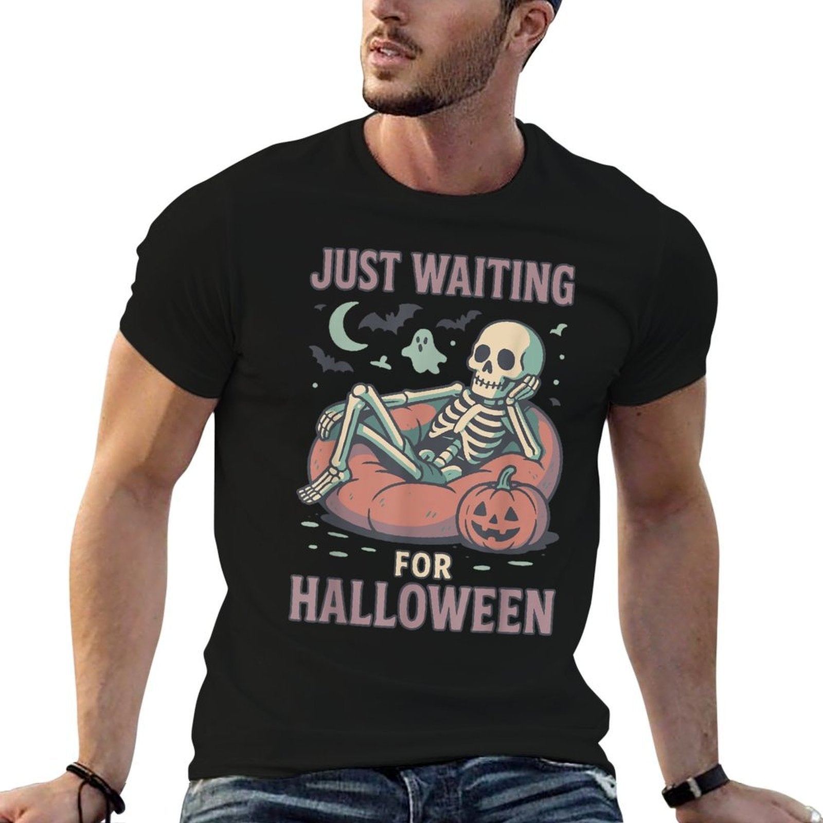 Funny Spooky Skeleton Summerween Waiting for Halloween  Cotton T-Shirt