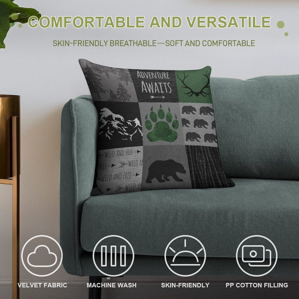 Adventure Awaits Bears - GreenBlack Soft Fade-Resistant Throw Pillow