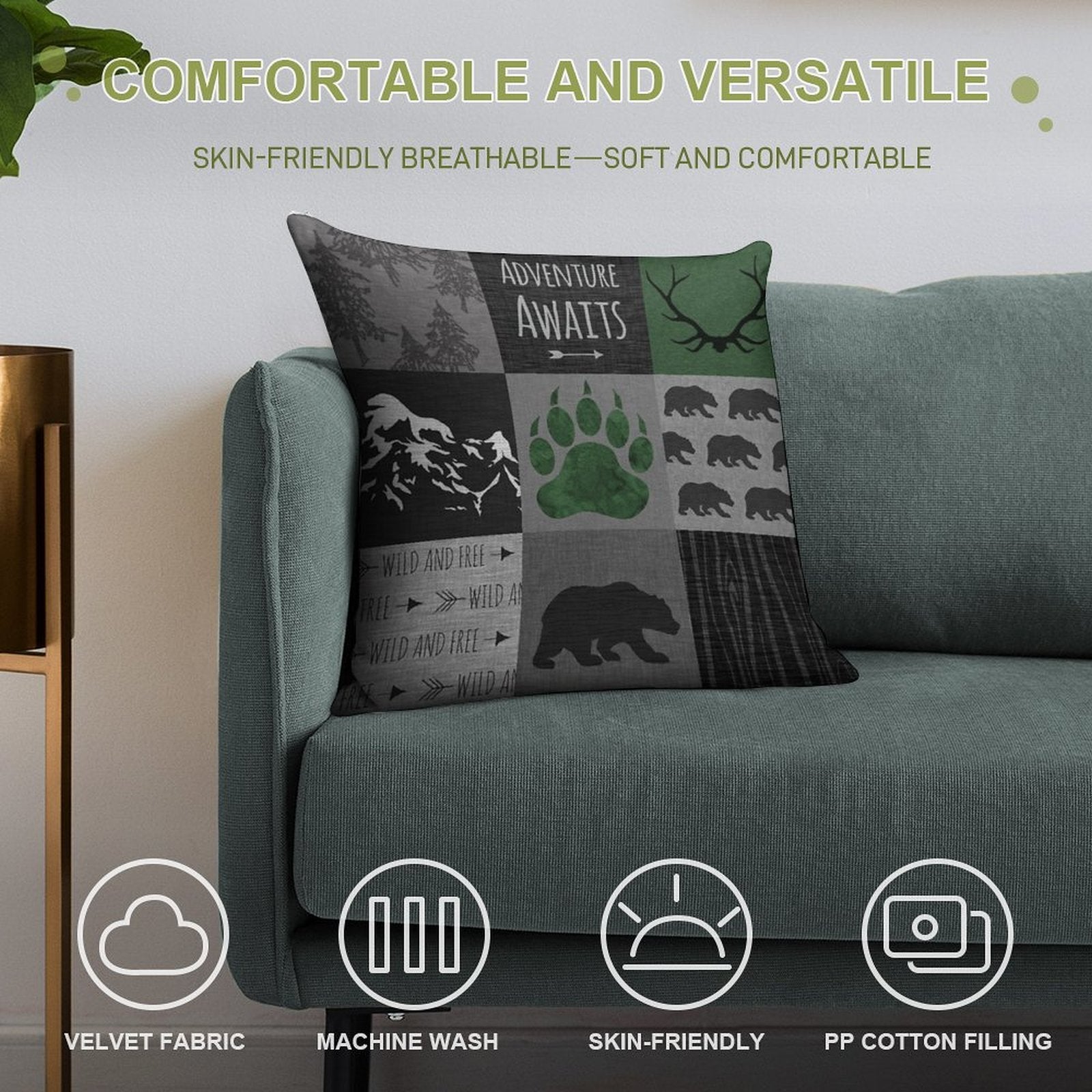 Adventure Awaits Bears - GreenBlack Soft Fade-Resistant Throw Pillow