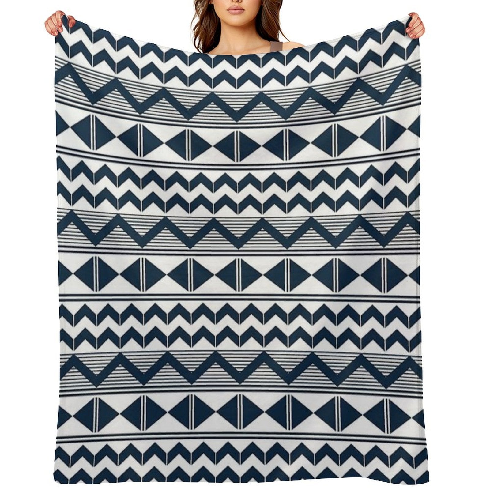 Navy Blue And White Geometry Machine-washable Throw Blanket