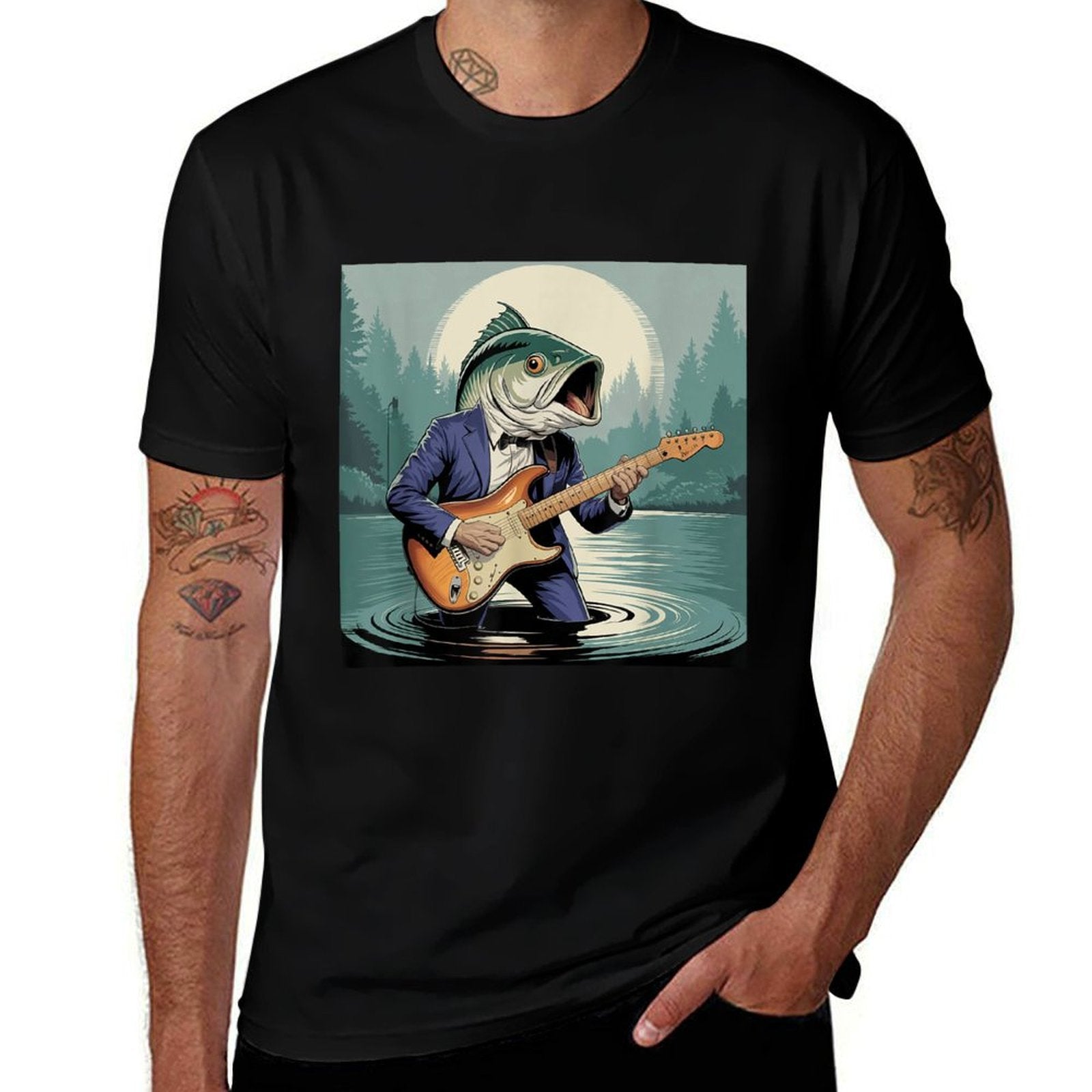 Funny Fish Playing Bass Guitar Funny Cursed Meme Fishing  Classic T-Shirt