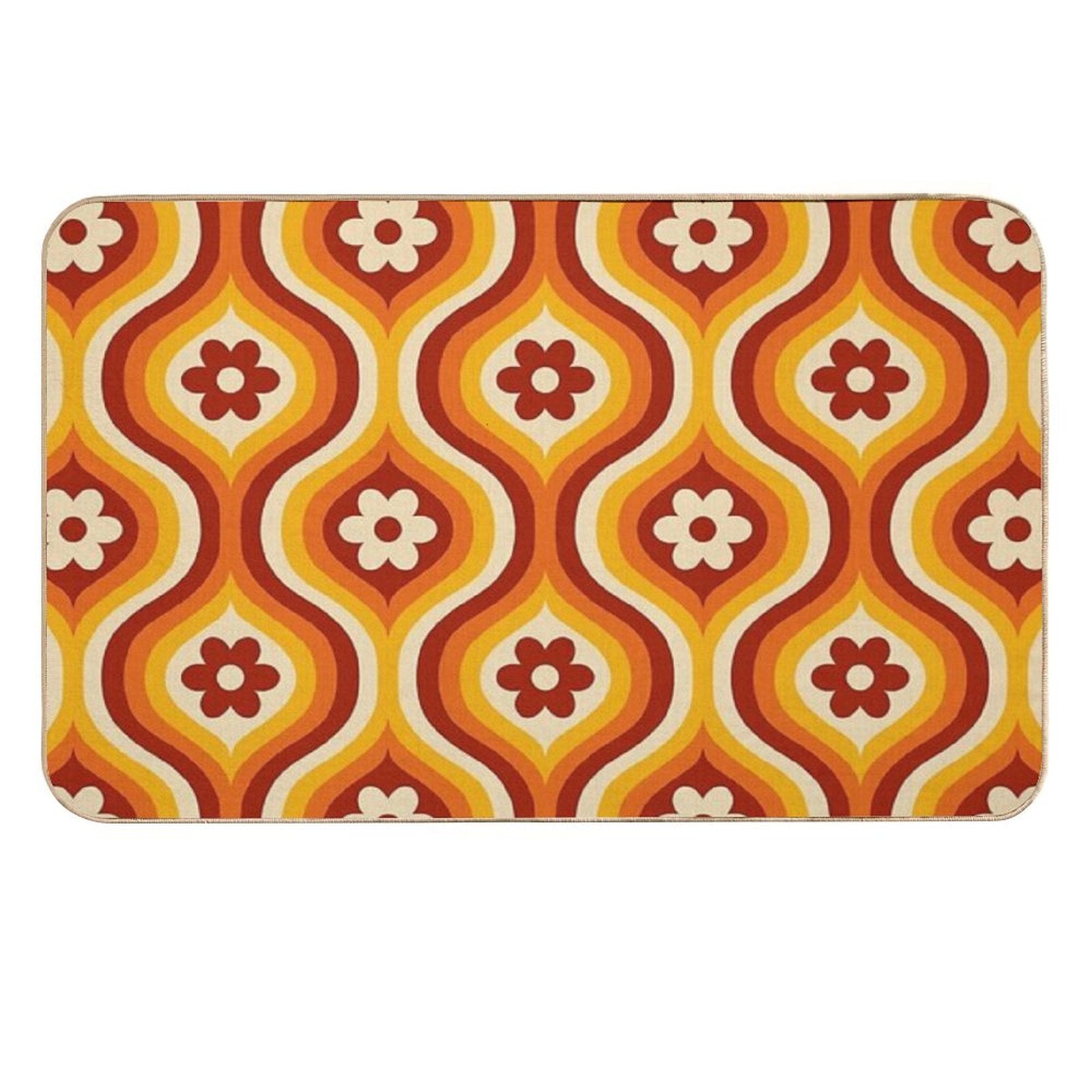 70s Groovy Daisy Ovals Pattern  Fade-Resistant Bath Mat