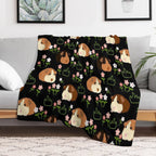 Guinea Pig And Flowers - Black Machine-washable Throw Blanket