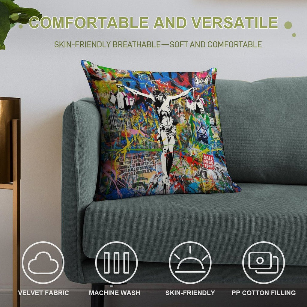 Banksy Shopping Jesus Pop Street Art Mashup Soft Skin-Friendly Throw Pillow