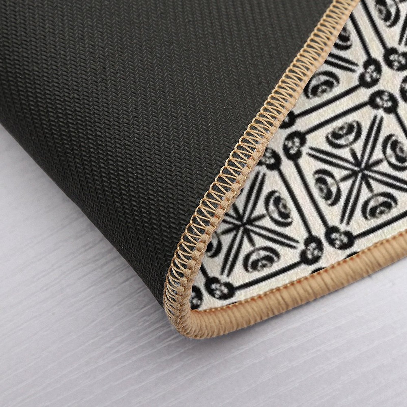 Nouveau Spanish Tile Pattern in Black And Almond Cream  Non-Slip Bath Mat