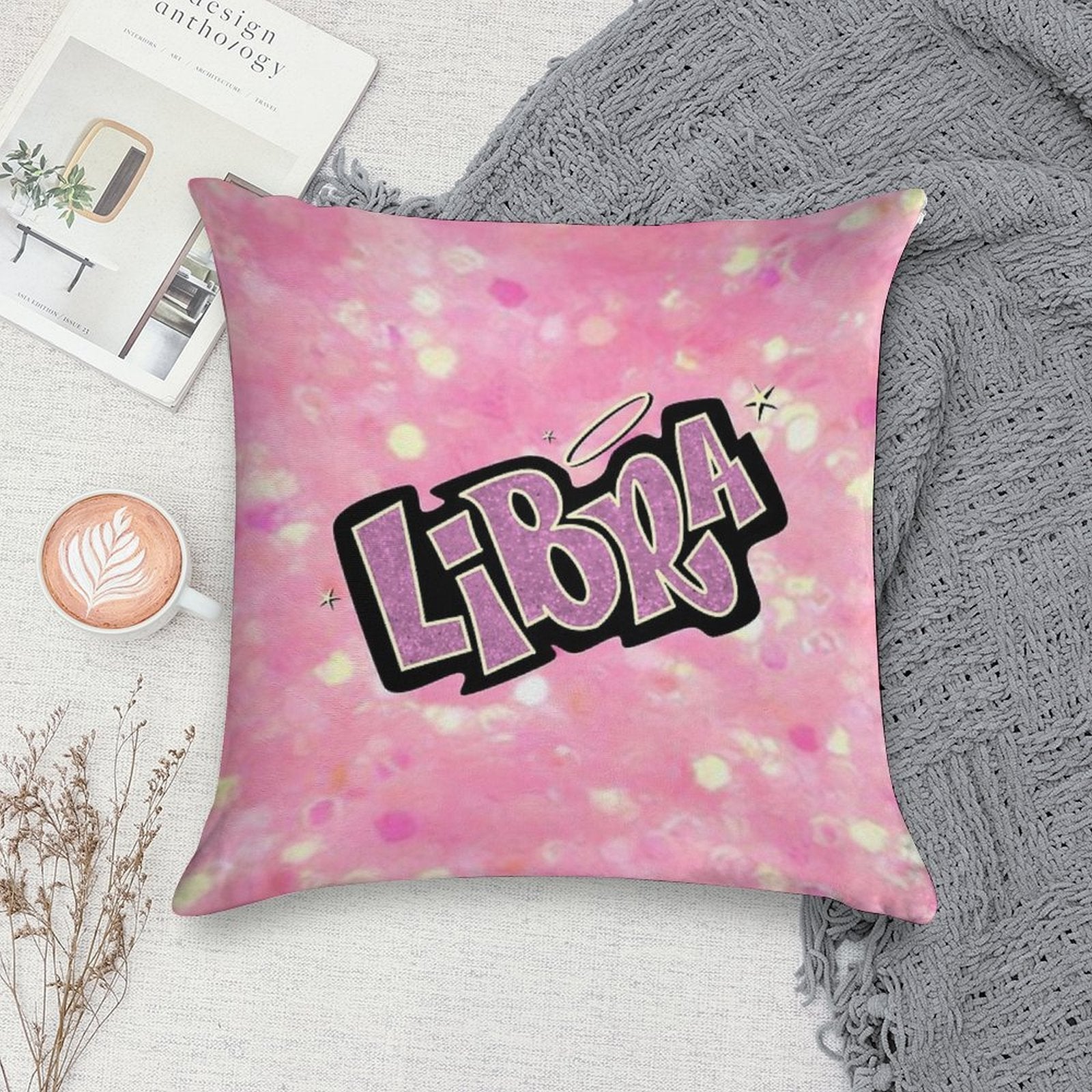 Libra Bratz Style - Iconic Pink Glitter Font Logo Cute Y2k Aesthetic Soft Short Plush Fabric Throw Pillow
