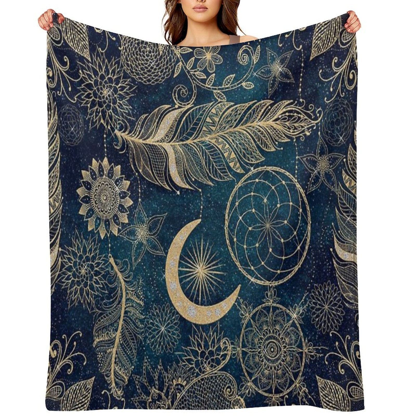 Whimsy Gold Glitter Dreamcatcher Feathers Mandala Velvety-soft Throw Blanket
