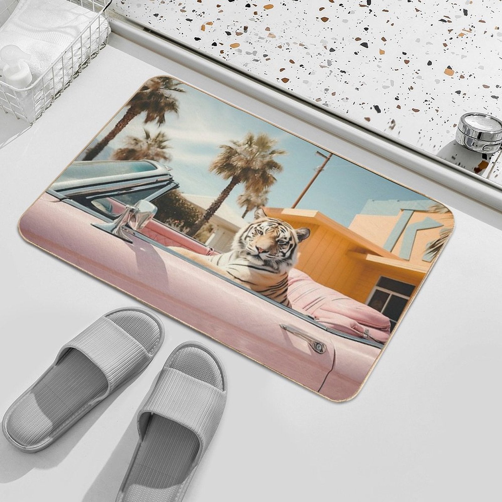 Cool Tiger in A Pastel Cabrio in Palm Springs  Easy To Clean Bath Mat