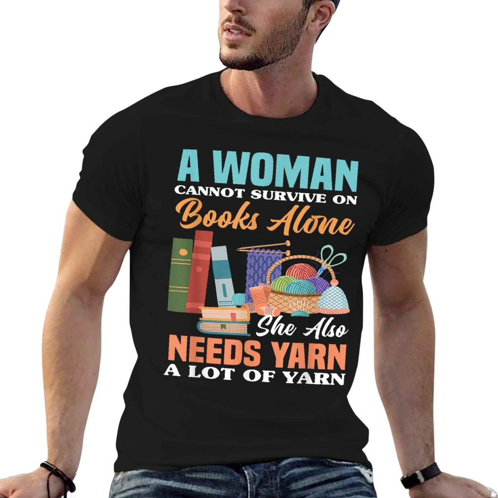 Woman Survives On Books Yarn Knitting  Polyester Blend T-Shirt