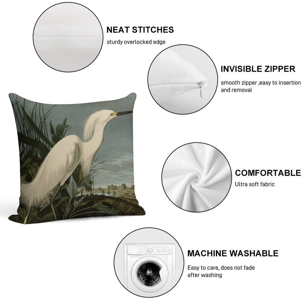 Snowy Heron Or White Egret from Audubon Birds of America Soft Multiple Sizes Throw Pillow