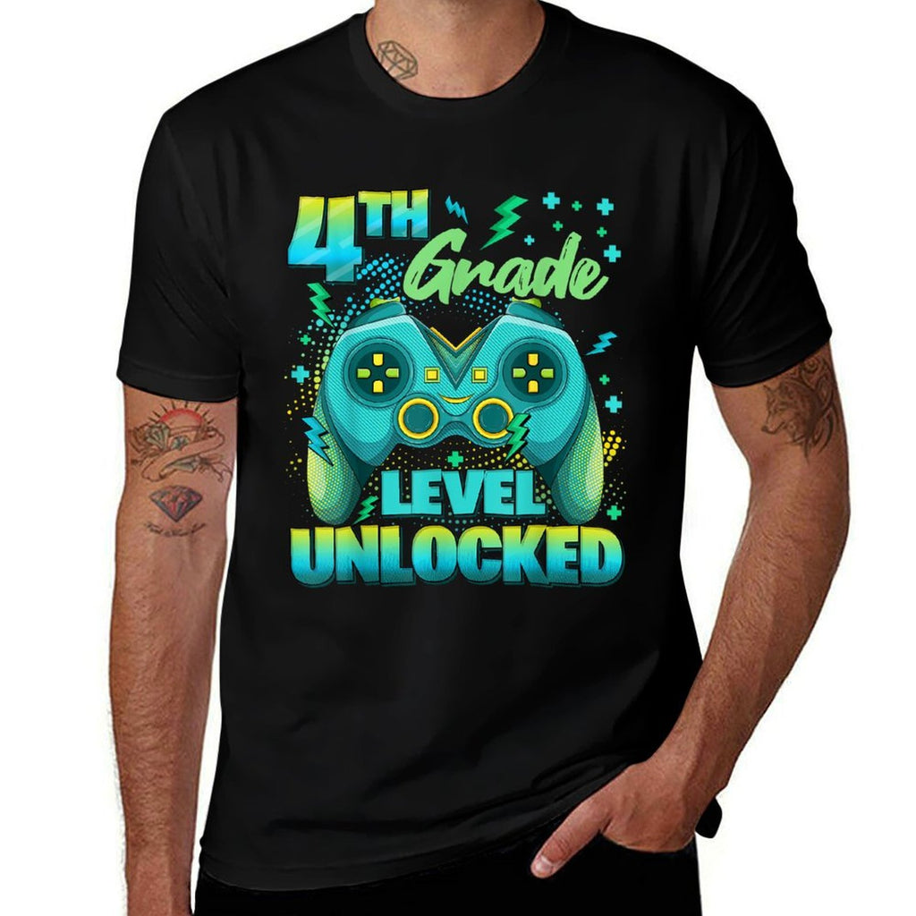 Controller 4th Grade Level Unlocked First Day Of School Boys  Ribbed Collar T-Shirt