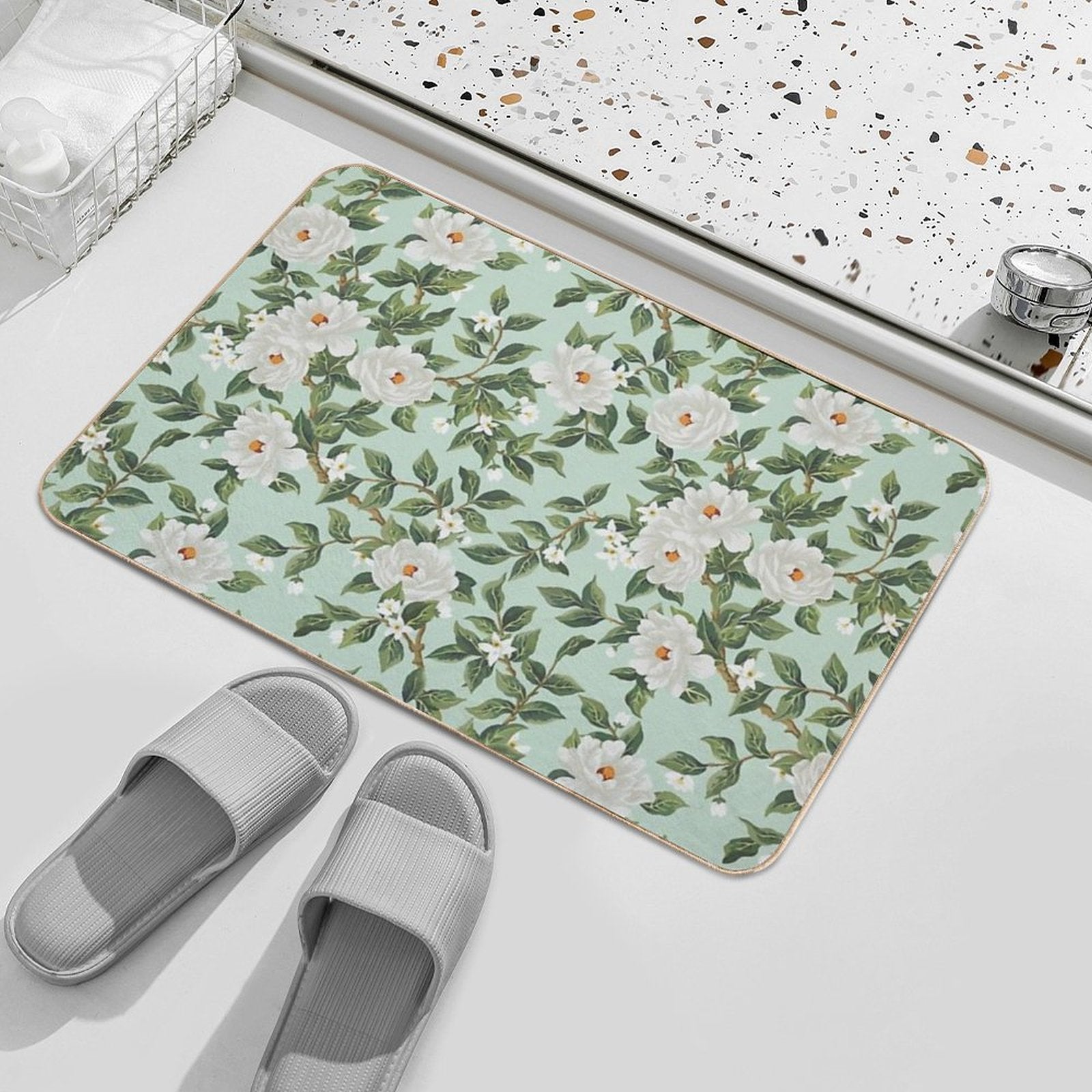 Cottage Floral - Mint Green  Stain-Proof Bath Mat