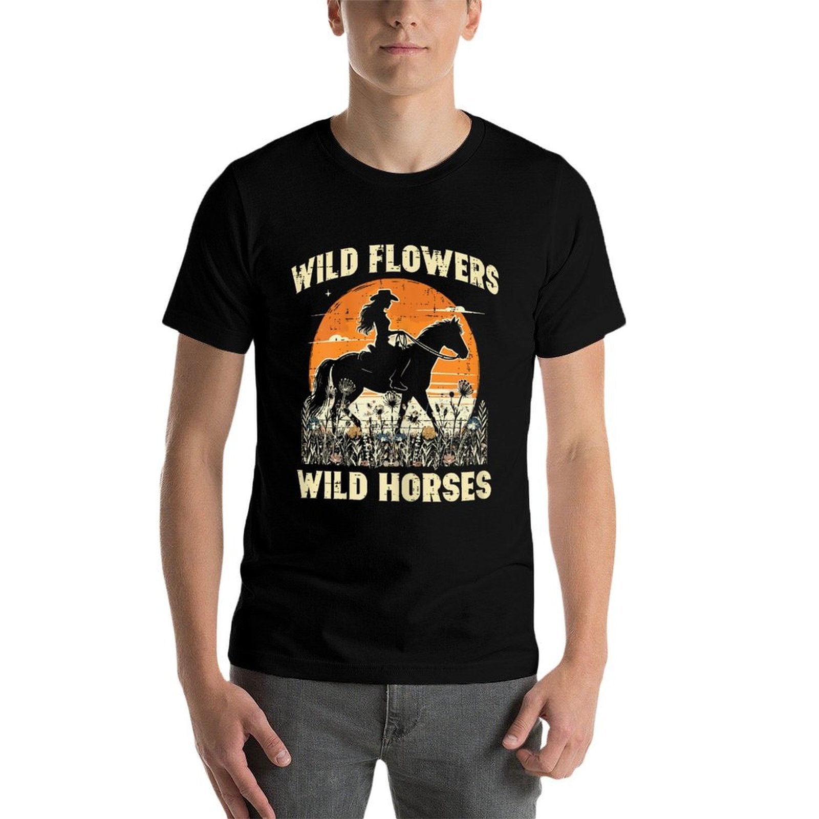 Wild Flowers Horses Cowgirl Retro Rodeo Girls Kids Women  Soft T-Shirt