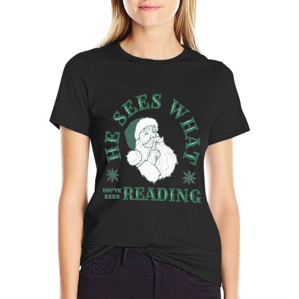 Book Lover Reader Christmas He Sees What Youve Been Reading Funny Bookish Christmas Sweatshirt Grey Medium  Tagless Design T-Shirt