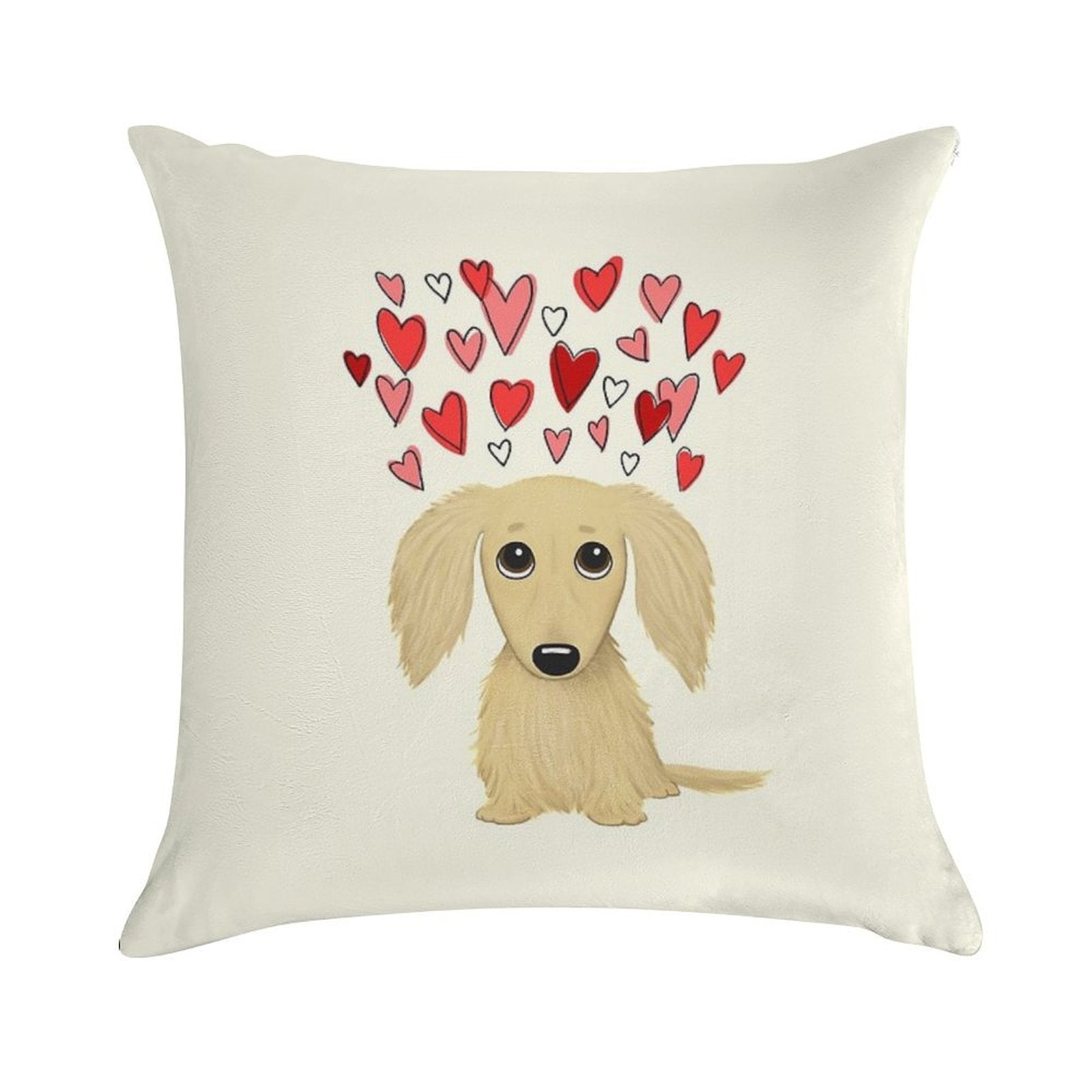 Longhaired Cream Dachshund with Hearts Soft Durable Construction Throw Pillow