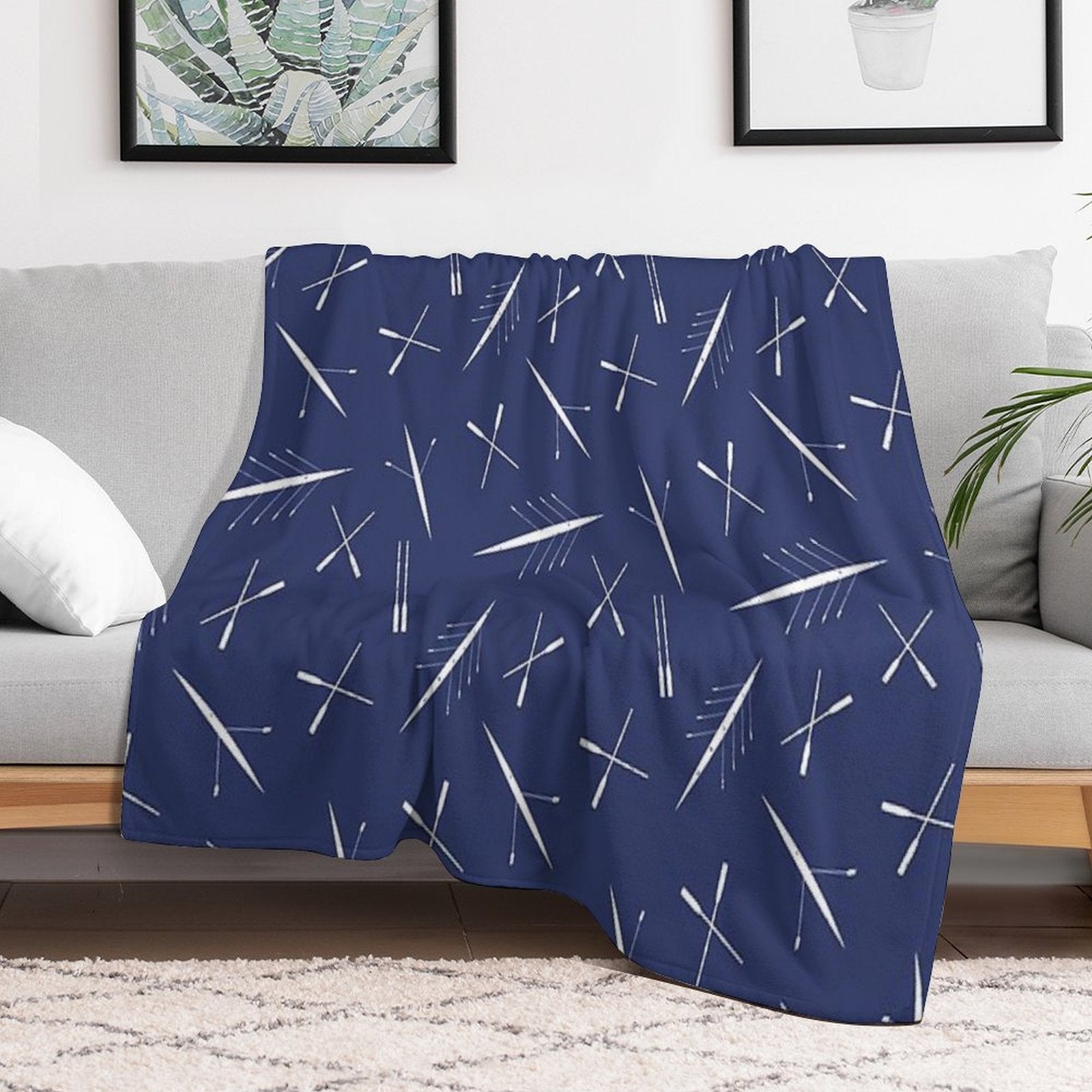 Rowing Club Navy Blue And White Scull Pattern Sustainable Throw Blanket