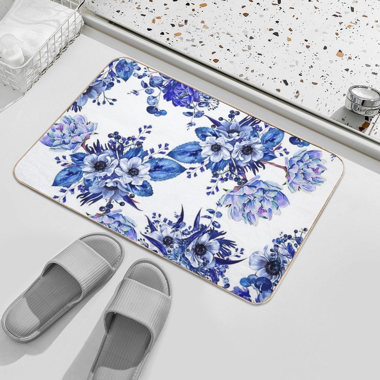 Blue Floral Design  Pet-Safe Bath Mat