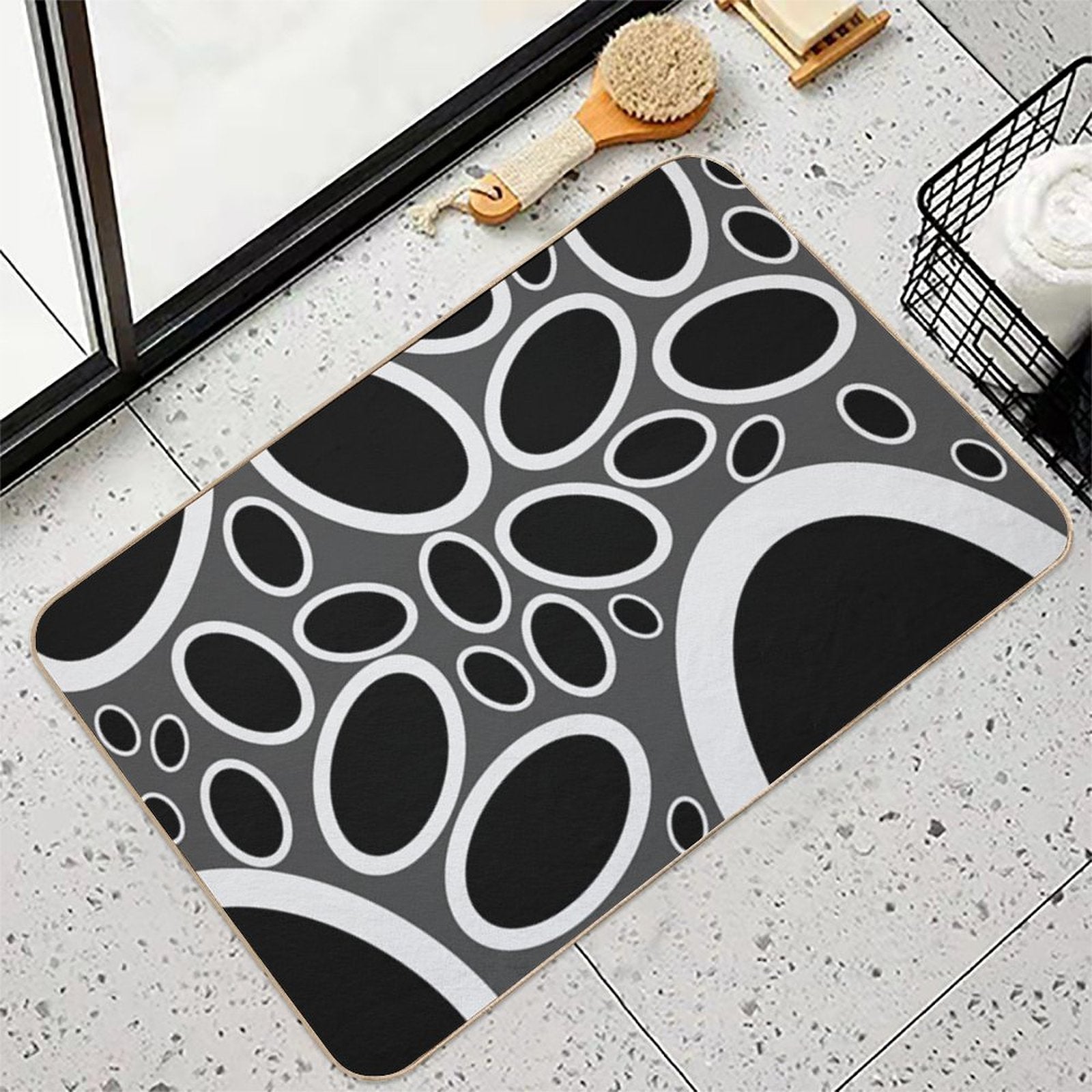 Black White And Grey Oval Pattern  Easy Maintenance Bath Mat
