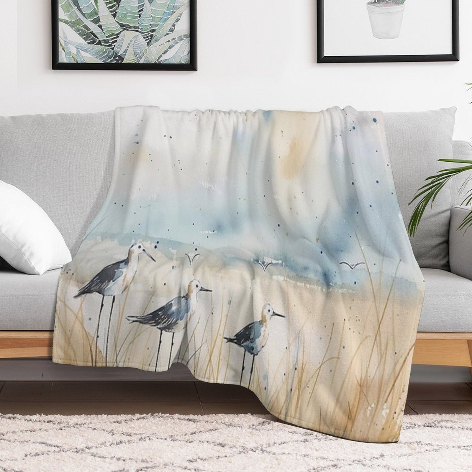Sandpipers by The Shore – Soft Watercolor Coastal Bird Art Compact Throw Blanket