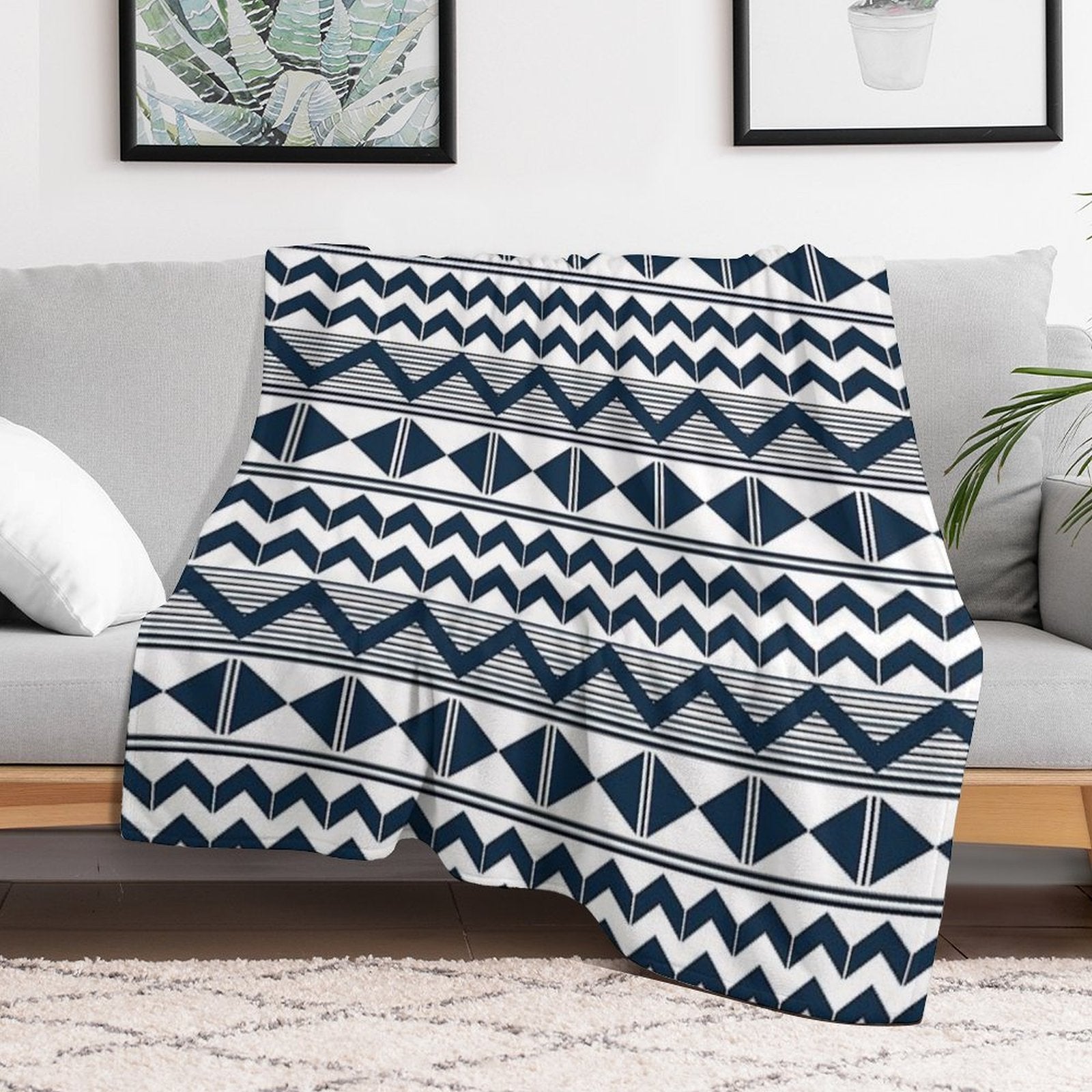 Navy Blue And White Geometry Machine-washable Throw Blanket